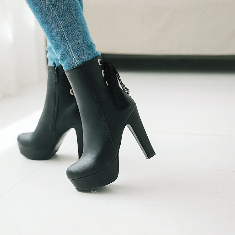 Woman Pu Leather Back Tied Lace Chunky Heel Platform Short Boots