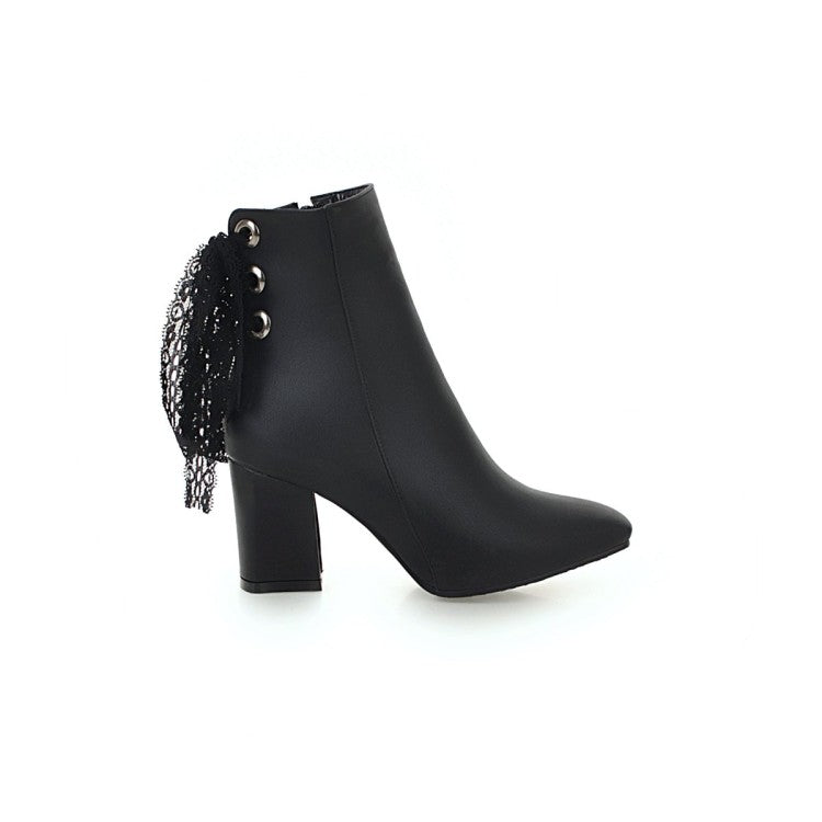 Woman Square Toe Back Lace Side Zippers Block Heel Short Boots