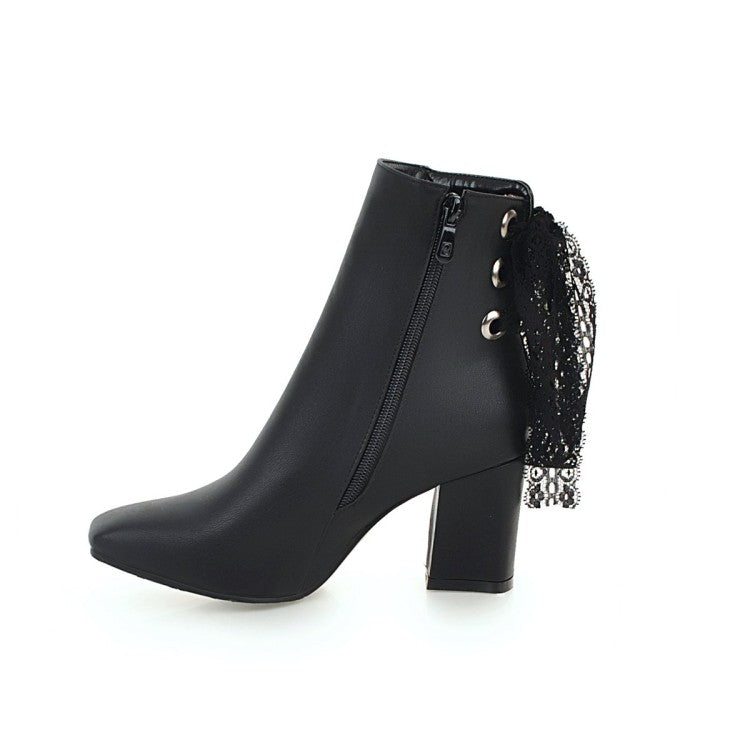 Woman Square Toe Back Lace Side Zippers Block Heel Short Boots