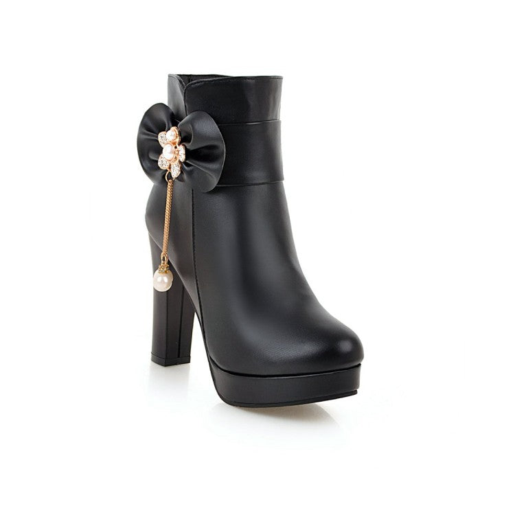 Women Pu Leather Rhinestone Pearls Bowtie Chunky Heel Platform Ankle Boots