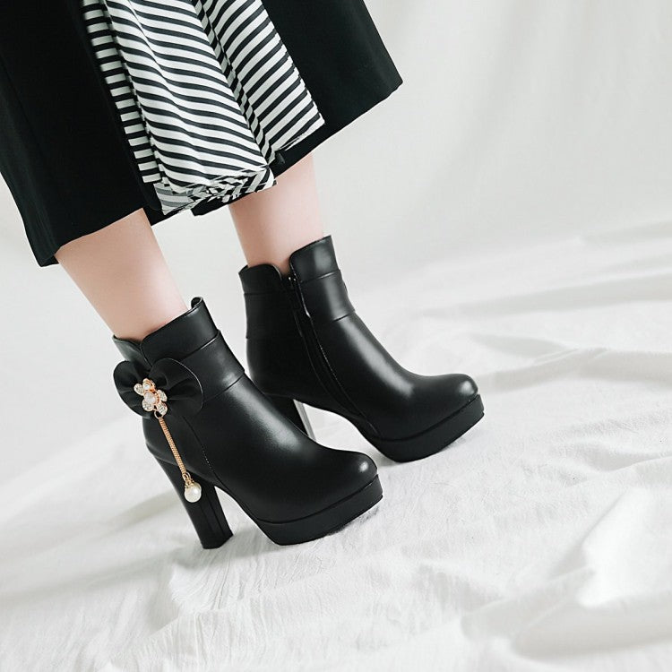 Women Pu Leather Rhinestone Pearls Bowtie Chunky Heel Platform Ankle Boots