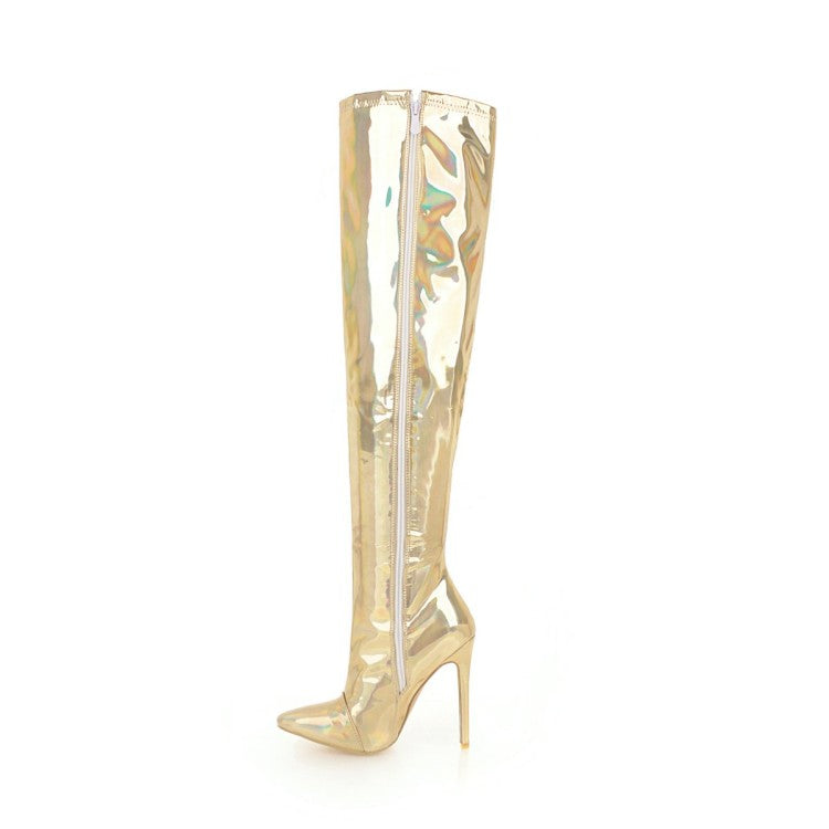 Woman Bling Bling Pointed Toe Side Zippers Stiletto Heel Over the Knee Boots