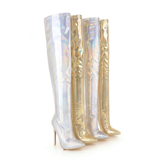 Woman Bling Bling Pointed Toe Side Zippers Stiletto Heel Over the Knee Boots