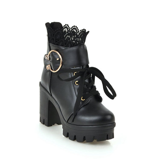 Women Lace Up Buckles Lace Chunky Heel Platform Ankle Boots