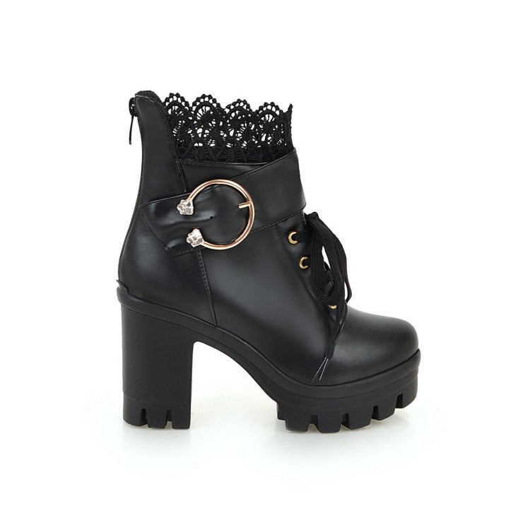Women Lace Up Buckles Lace Chunky Heel Platform Ankle Boots