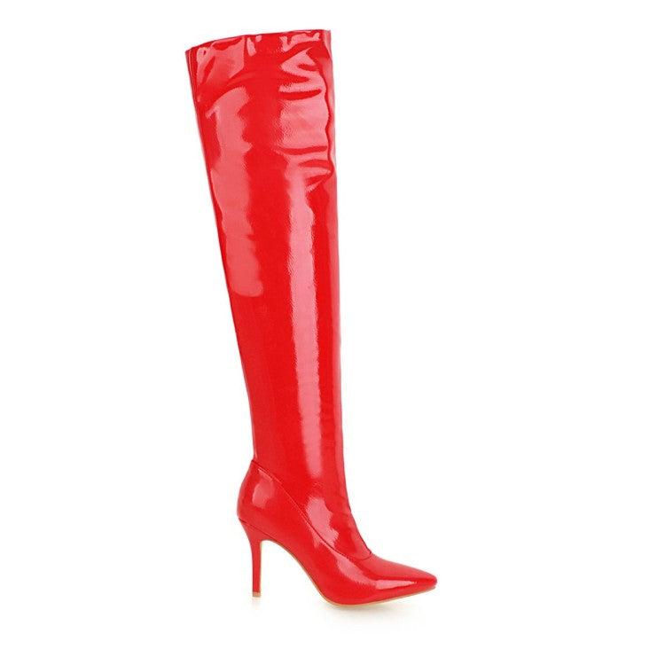 Woman Patent Leather Pointed Toe Stitching Over the Knee Stiletto Heel High Boots