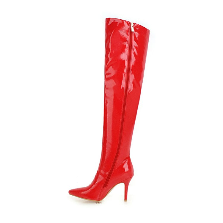Woman Patent Leather Pointed Toe Stitching Over the Knee Stiletto Heel High Boots