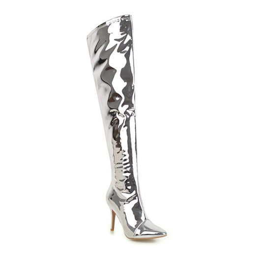 Woman Patent Leather Pointed Toe Stiletto Heel Over the Knee Boots