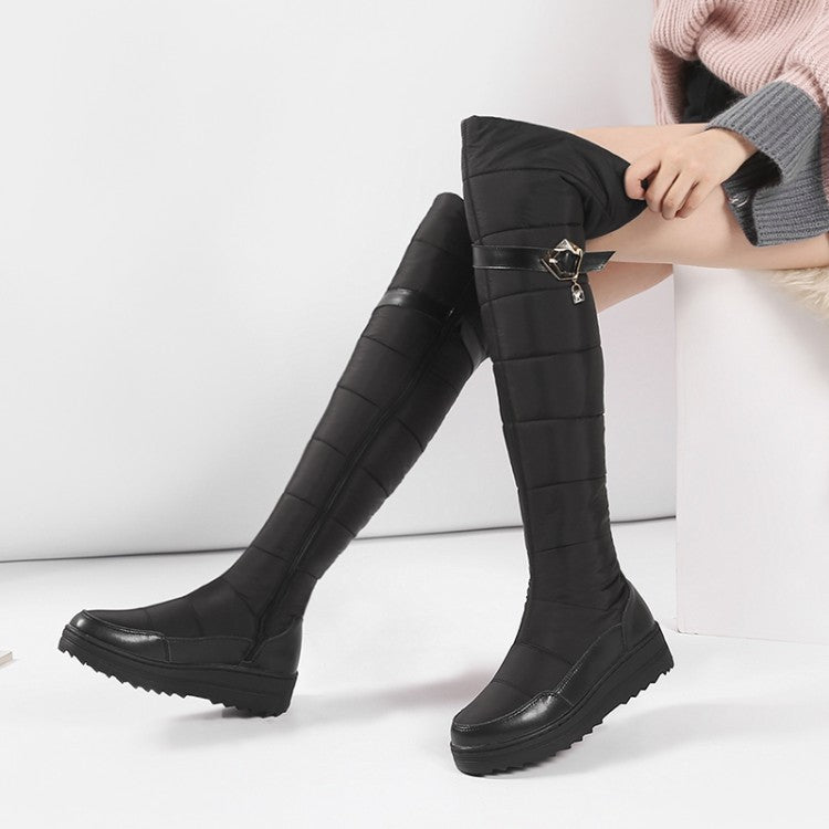Women Leather Waterproof Rhinestones Wedge Heels Down Over the Knee Boots for Winter