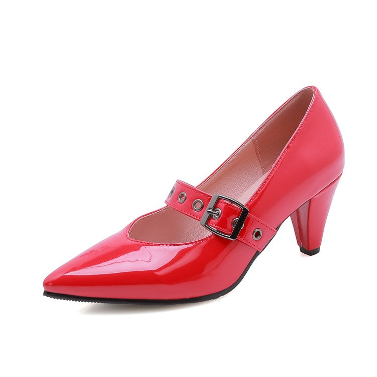 Women Pumps Glossy Pointed Toe Mary Janes Buckle Straps Cone Heel Shoes