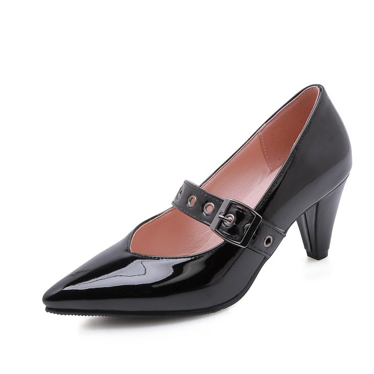 Women Pumps Glossy Pointed Toe Mary Janes Buckle Straps Cone Heel Shoes