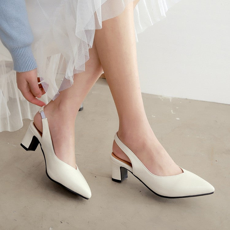 Woman Solid Color Pointed Toe Chunky Heel Medium Block Heel Slingbacks Sandals