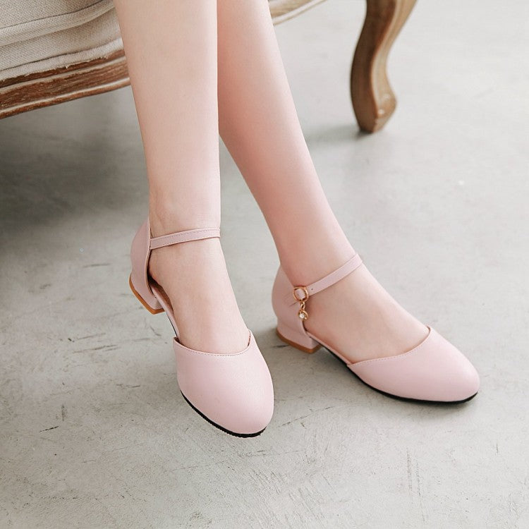 Women Round Toe Solid Color Hollow Out Ankle Strap Block Heels Sandals