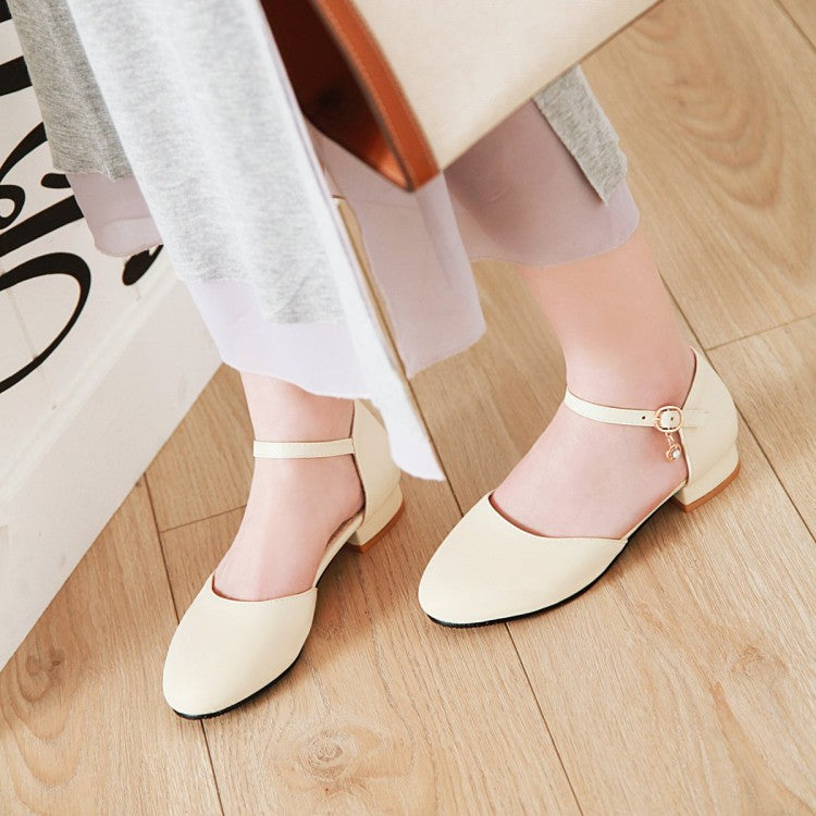Women Round Toe Solid Color Hollow Out Ankle Strap Block Heels Sandals