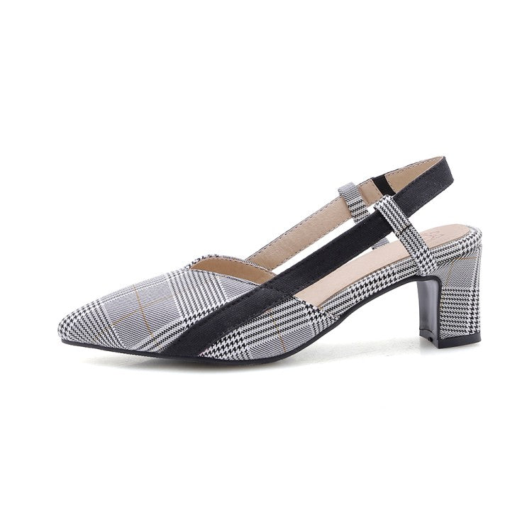 Woman Plaid Pointed Toe Hollow Out Medium Block Heel Sandals