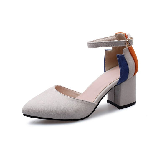 Woman Pointed Toe Hollow Out Color Block Ankle Strap Block Heel Sandals