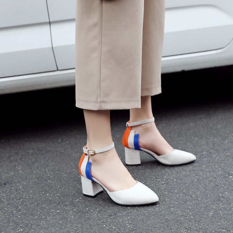 Woman Pointed Toe Hollow Out Color Block Ankle Strap Block Heel Sandals