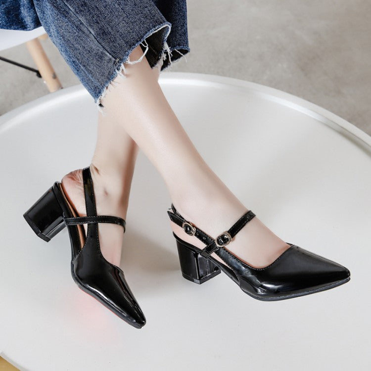 Women Solid Color Glossy Pointed Toe Hollow Out Block Heel Sandals