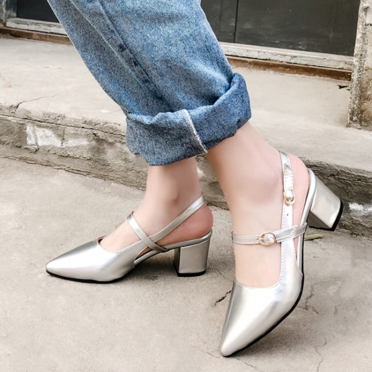 Women Solid Color Glossy Pointed Toe Hollow Out Block Heel Sandals