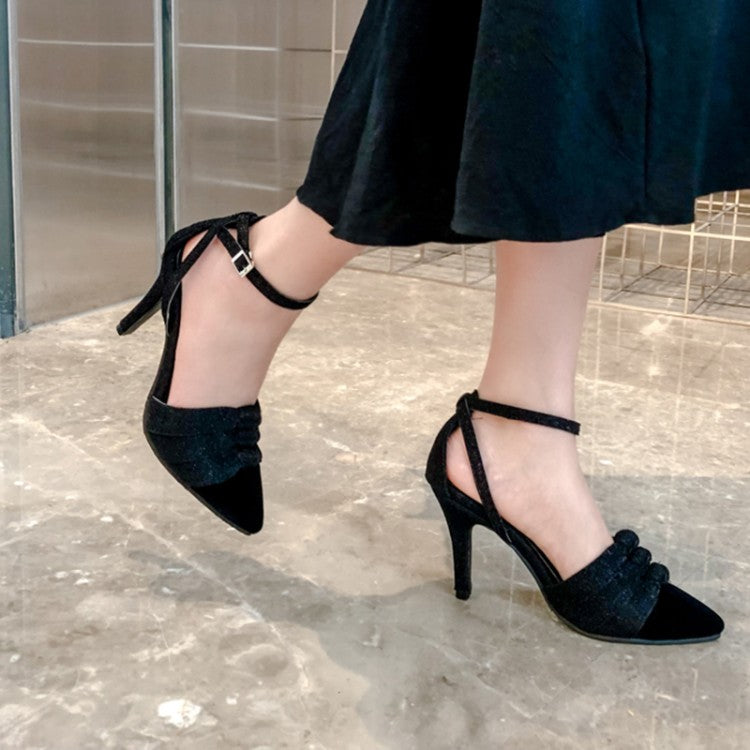 Women Bling Bling Pointed Toe Ankle Strap Stiletto High Heel Sandals