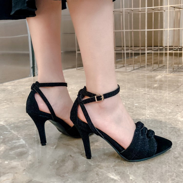 Women Bling Bling Pointed Toe Ankle Strap Stiletto High Heel Sandals