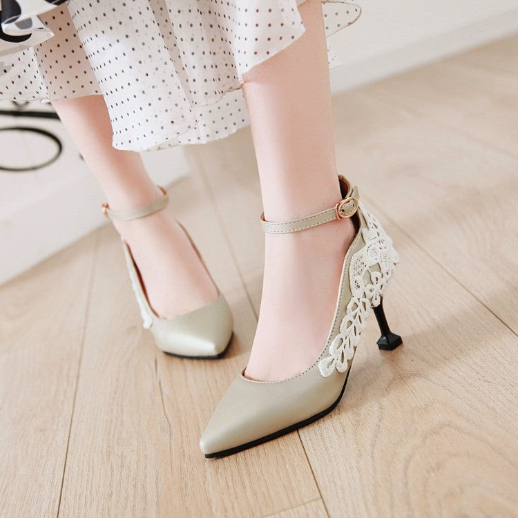 Woman Poinetd Toe Lace Ankle Strap High Heels Stiletto Pumps