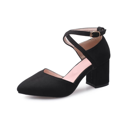 Woman SuedePointed Toe Color Block Ankle Strap Block Heel Sandals