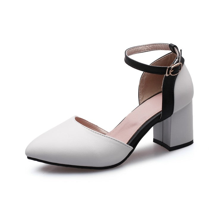 Woman Pointed Toe Color Block Ankle Strap Hollow Out Block Heel Sandals
