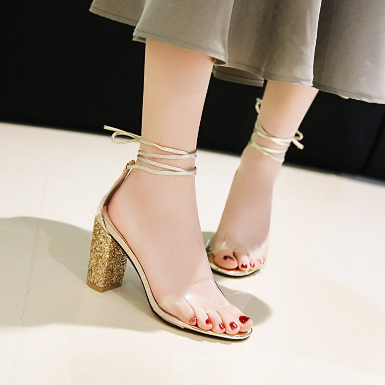 Women Transparent Round Toe Ankle Tied Strap Chunky Heel Sandals