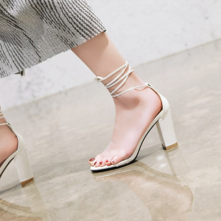 Women Transparent Round Toe Ankle Tied Strap Chunky Heel Sandals