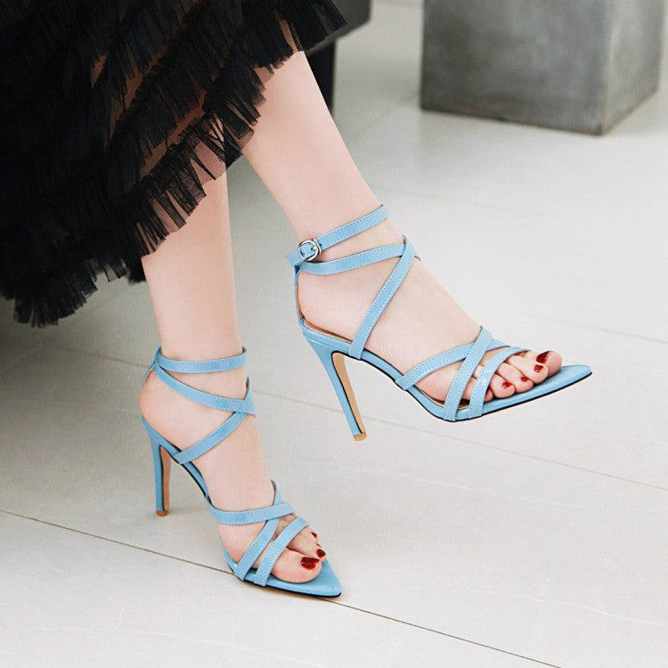 Women Solid Color Pointed Toe Tie Stiletto High Heel Sandals