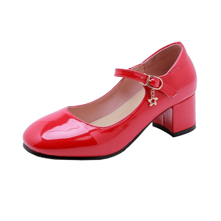 Women Pumps Glossy Round Toe Mary Janes Block Chunky Heel Shoes