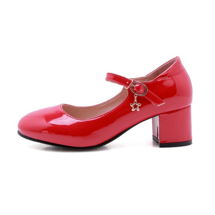 Women Pumps Glossy Round Toe Mary Janes Block Chunky Heel Shoes