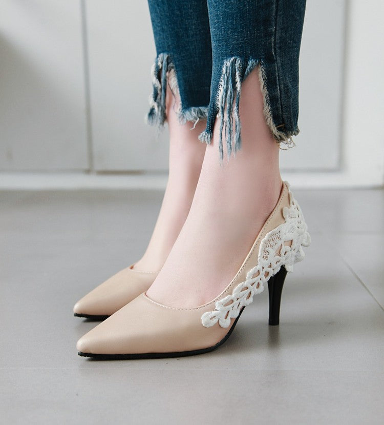Pointed Toe Lace Woman High Heels Stiletto Pumps