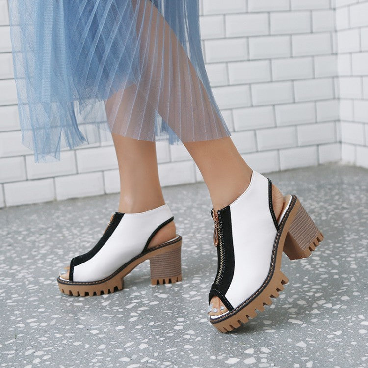 Woman Color Block Peep Toe Chunky Heel Platform Sandals