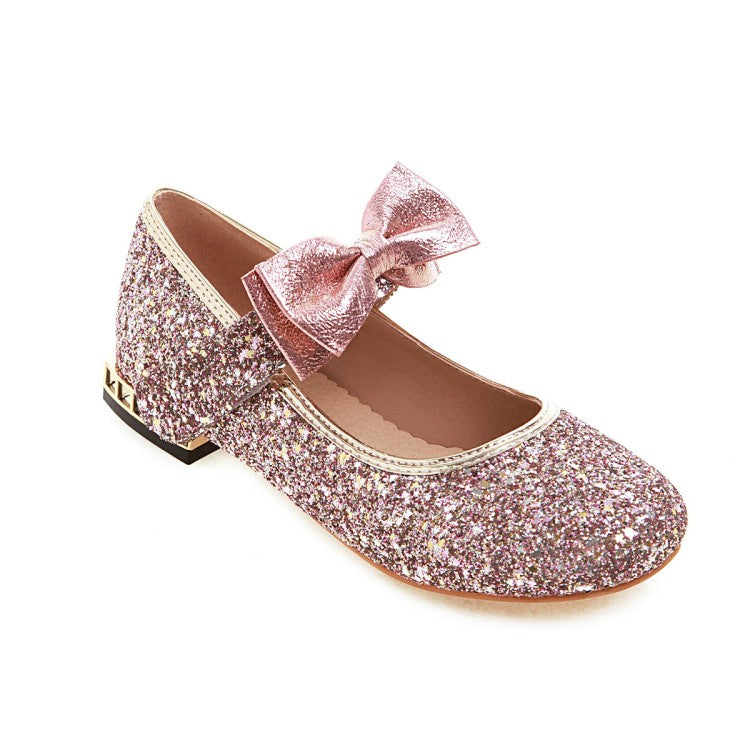 Woman Sequined Bowtie Flats Mary Jane Shoes