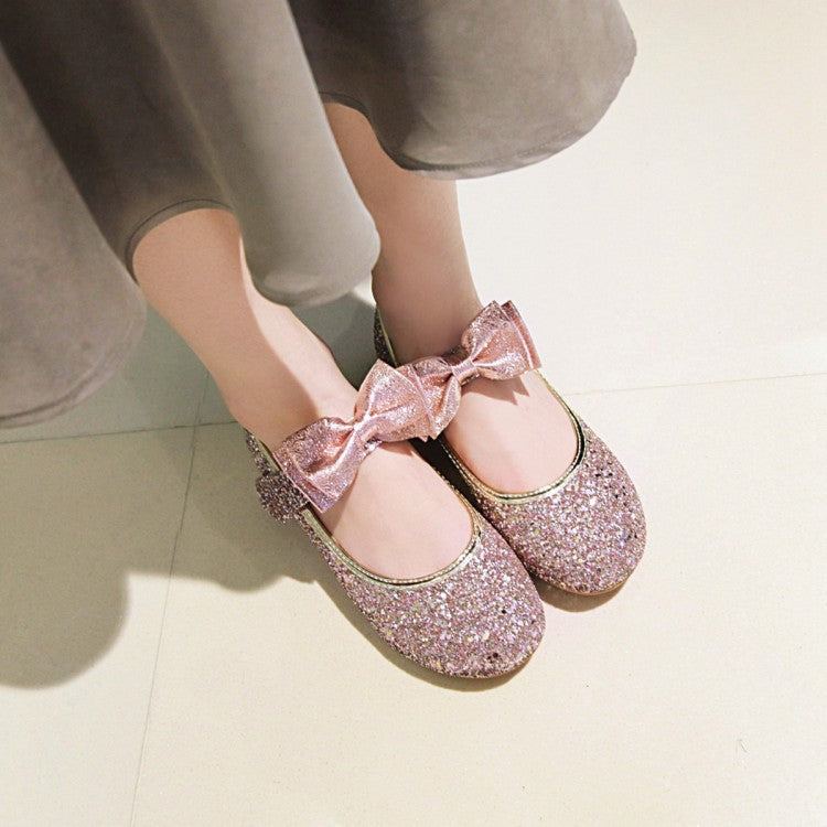 Woman Sequined Bowtie Flats Mary Jane Shoes