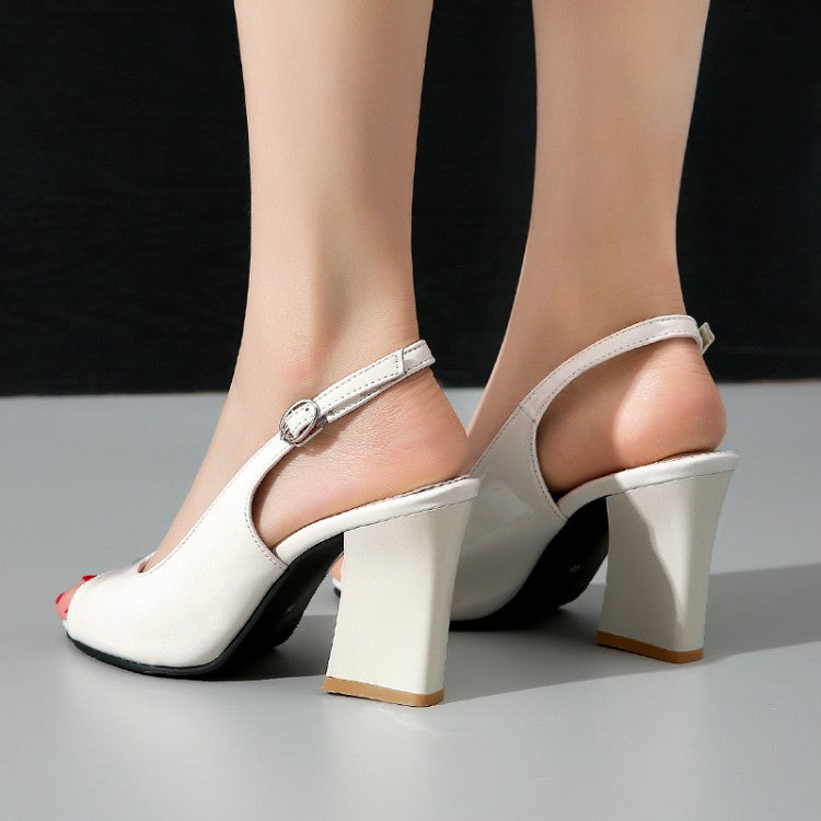Women Glossy Peep Toe Chunky Heel Slingback Sandals