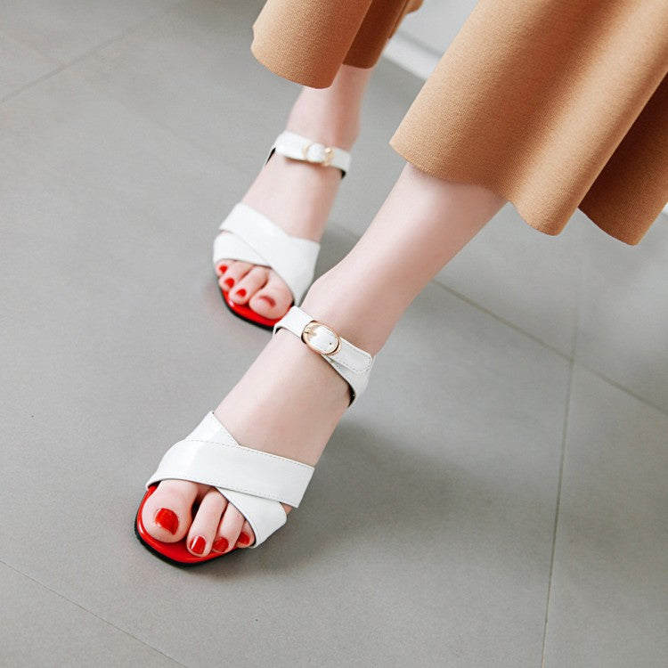 Woman Peep Toe Patent Leather Block Heels Sandals