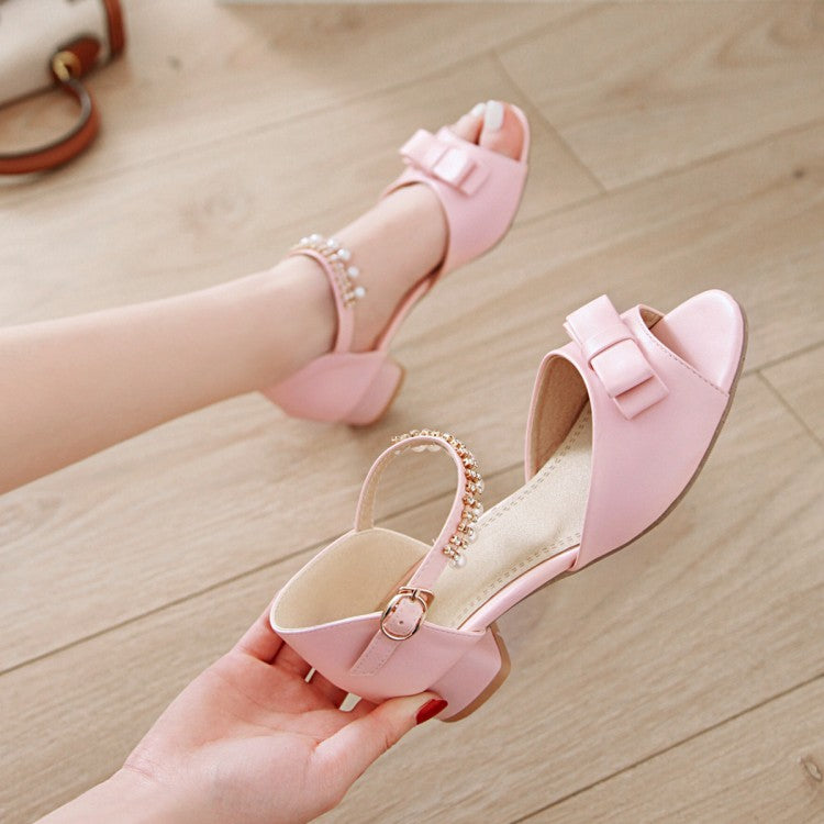 Women Peep Toe Solid Color Butterfly Knot Pearls Ankle Strap Low Block Heels Sandals