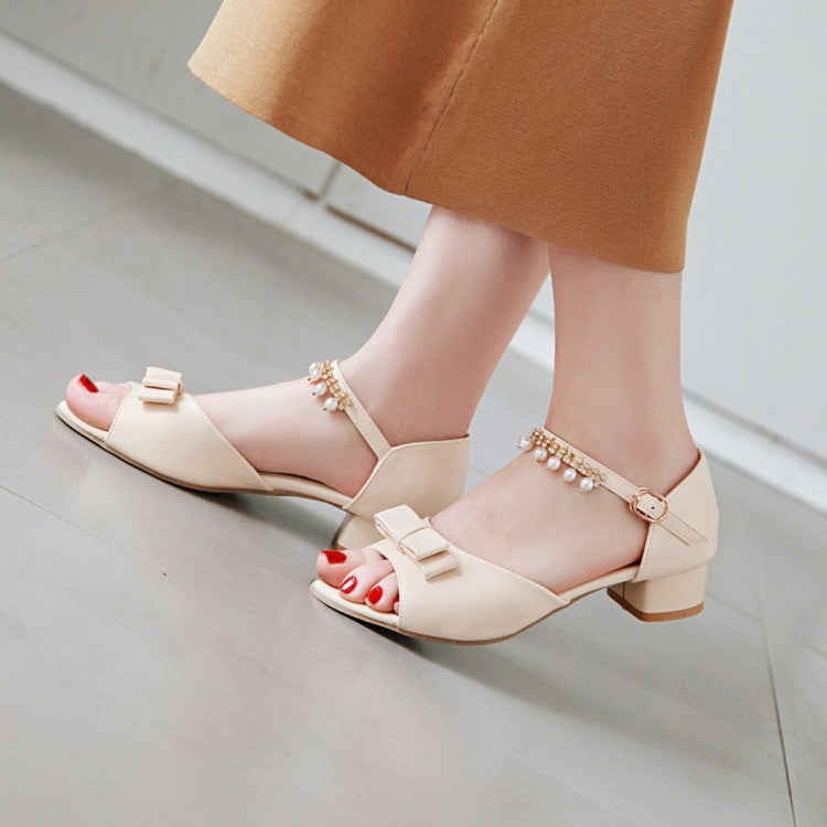 Women Peep Toe Solid Color Butterfly Knot Pearls Ankle Strap Low Block Heels Sandals