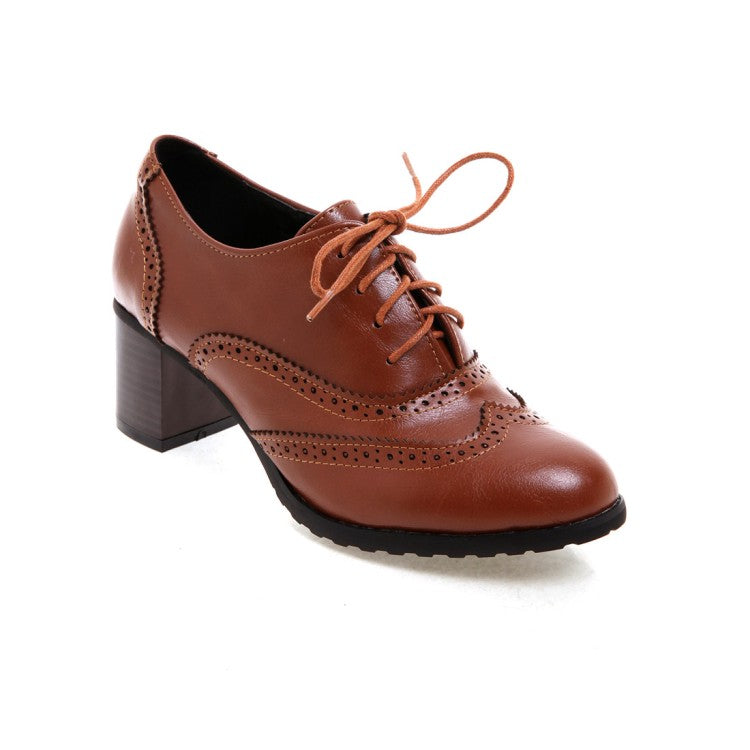 Women Round Toe Stitching Block Heel Lace Up Chunky Heels Oxford Shoes