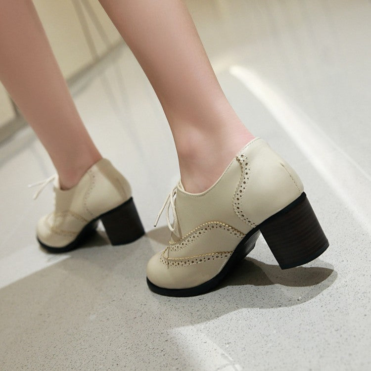 Women Round Toe Stitching Block Heel Lace Up Chunky Heels Oxford Shoes