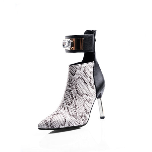 Woman Patchwork Pointed Toe Metal Rhinestone Stiletto Heel Short Boots