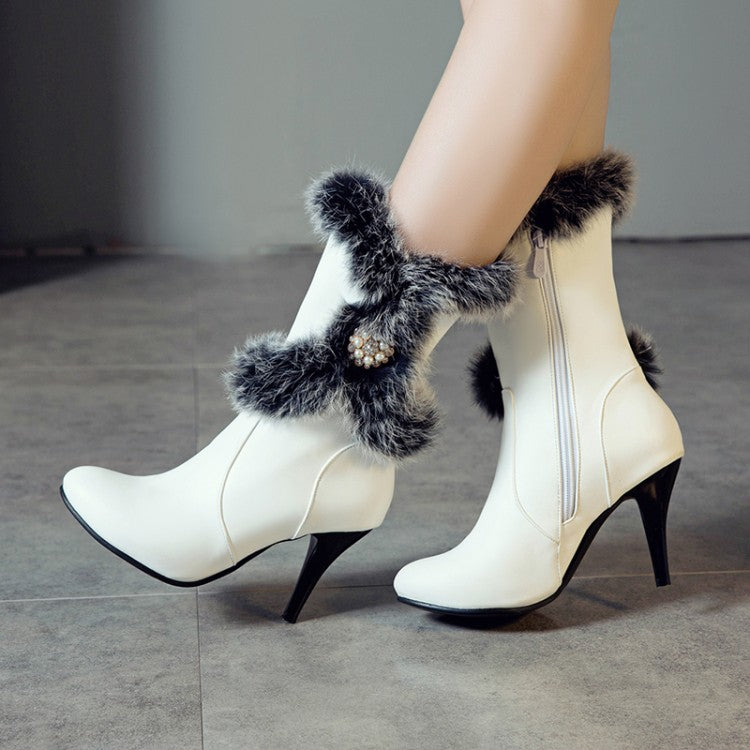 Woman Rabbit Fur High Heel Short Boots