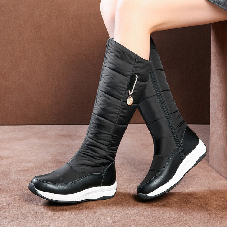 Women Leather Zipper Waterproof Wedge Heels Down Tall Boots for Winter