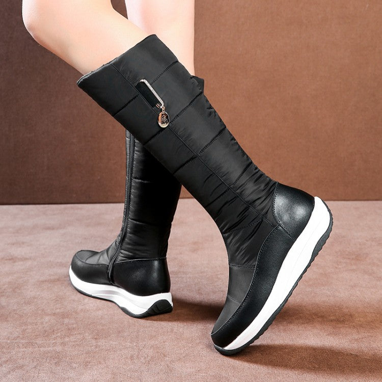 Women Leather Zipper Waterproof Wedge Heels Down Tall Boots for Winter