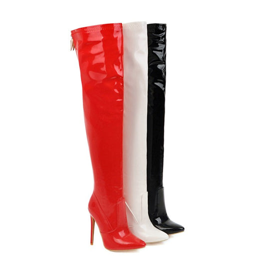 Woman Pu Leather Pointed Toe Stitching Back Zippers Stiletto Heel Over the Knee Boots