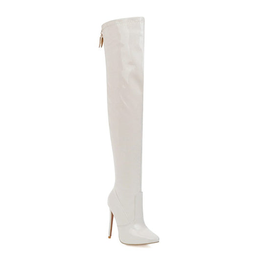 Woman Pu Leather Pointed Toe Stitching Back Zippers Stiletto Heel Over the Knee Boots