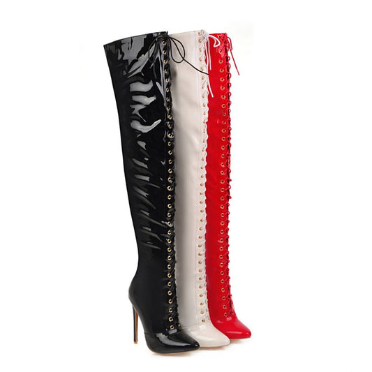 Woman Patent Leather Pointed Toe Side Zippers Strappy Stiletto Heel Over the Knee Boots